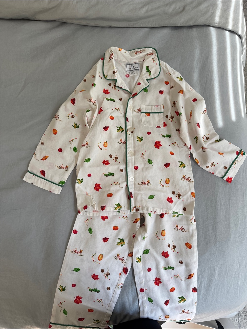 Children's White Autumn Leaf Print Pajama Set with Green Trim